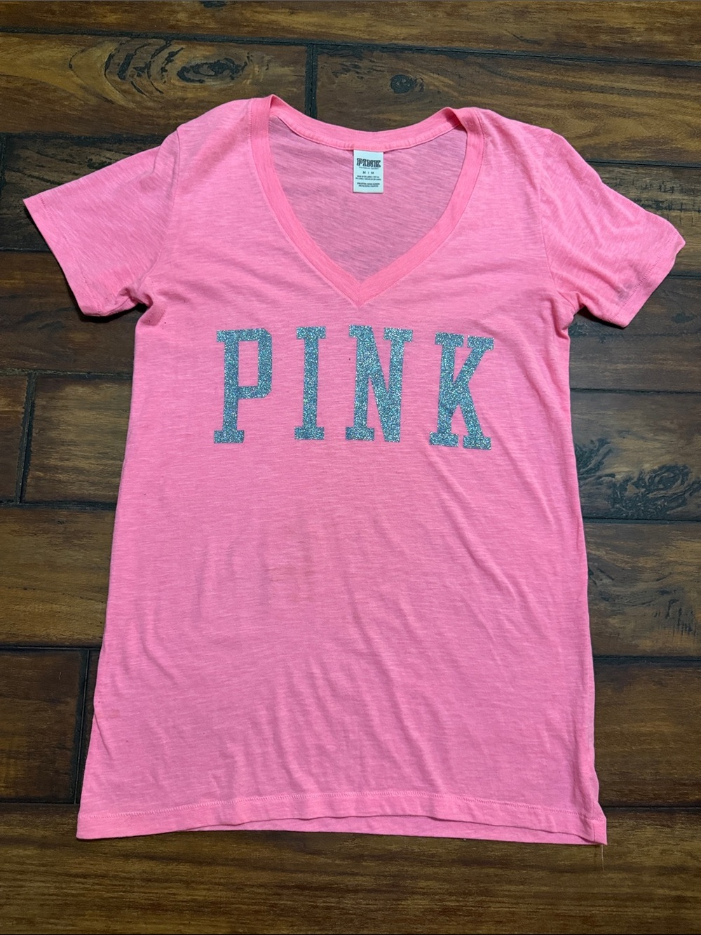 PINK Victoria's Secret Pink Like New V-Neck Tee with Silver Glitter Logo